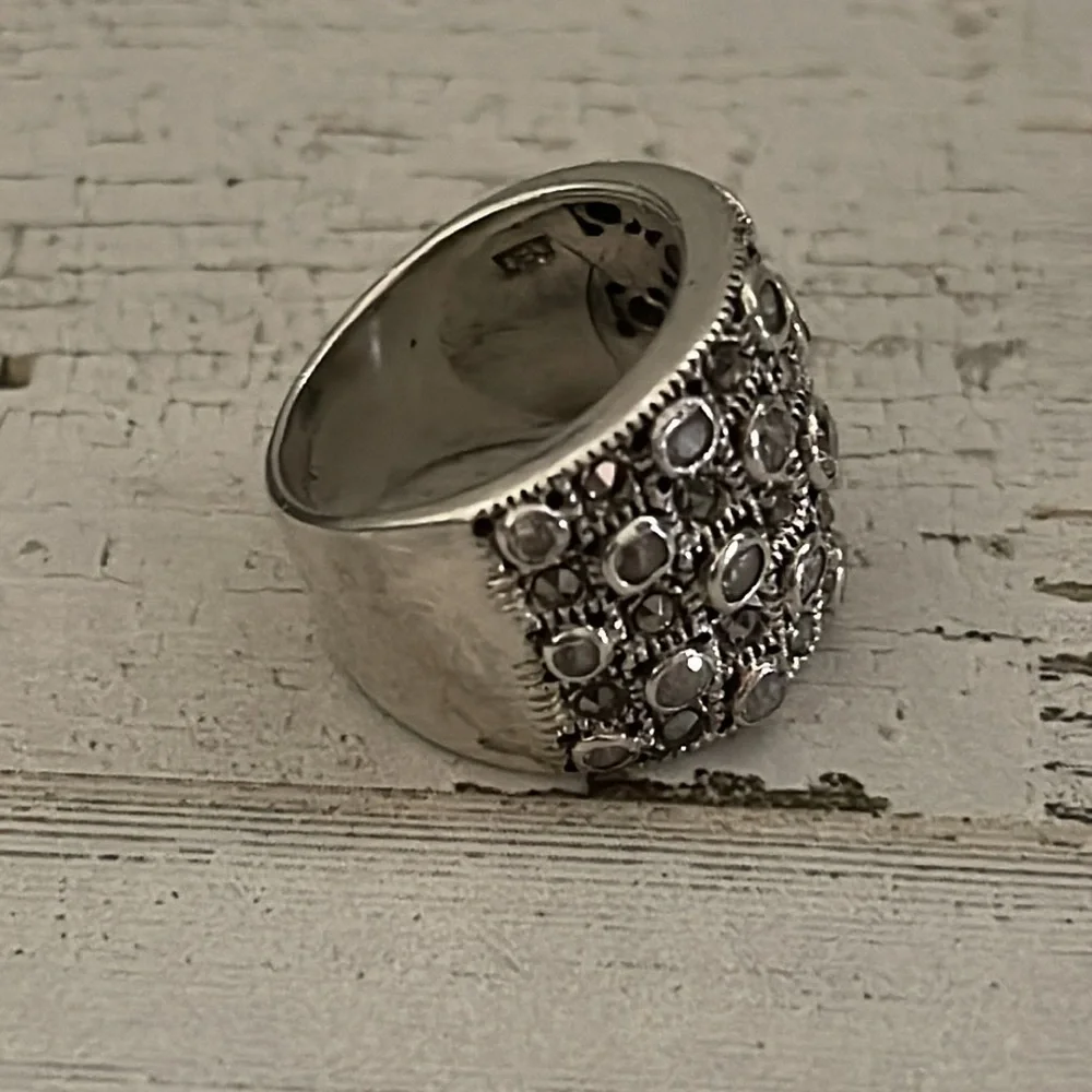 Sterling Silver Marcasite Crystal Wide Band Statement Ring